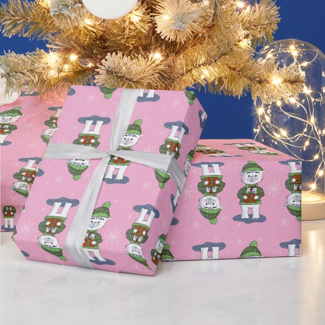 Ours polaire mignon avec papier cadeau rose (Vacances)