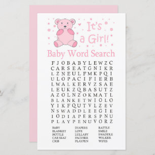 Ours rose Baby shower Word Search Jeu