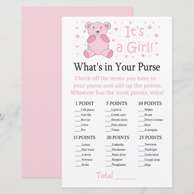 Ours rose Qu'y a-t-il dans votre sac à main (Devant / Derrière)