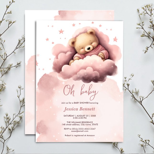 Ours rose sur les nuages baby shower invitation (Cute sleeping bear in pink clouds baby shower)