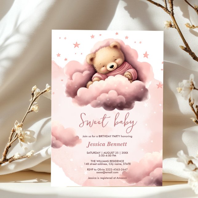 Ours rose sur les nuages invitation pour bébé anni (Cute sleeping bear in pink clouds baby shower)