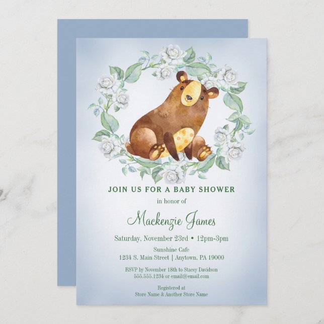Ours Woodland Baby shower Invitation Garçons Bleu (Devant / Derrière)