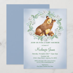 Ours Woodland Baby shower Invitation Garçons Bleu