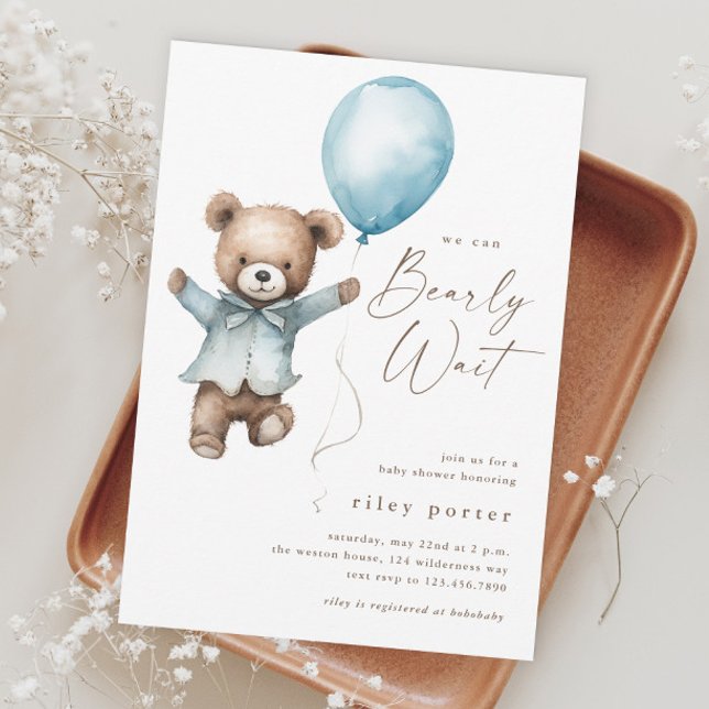 Ourson à peine attendu Fête prénatale garçons (Can Bearly Wait Blue Balloon Boys Baby Shower Magnetic Invitation.)