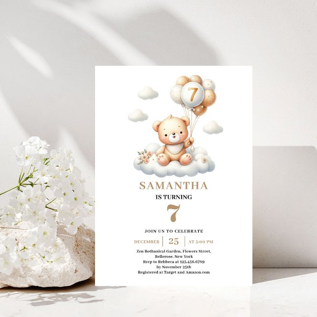 Ourson Mignon 7ème Anniversaire Invitation Ballon  (Cute Teddy Bear 7th Birthday Gold Balloon Invite)