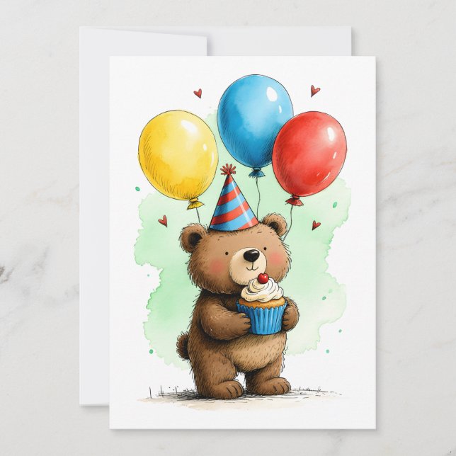 Ourson Mignon & Gâteau D'anniversaire Enfant Carte (Devant)