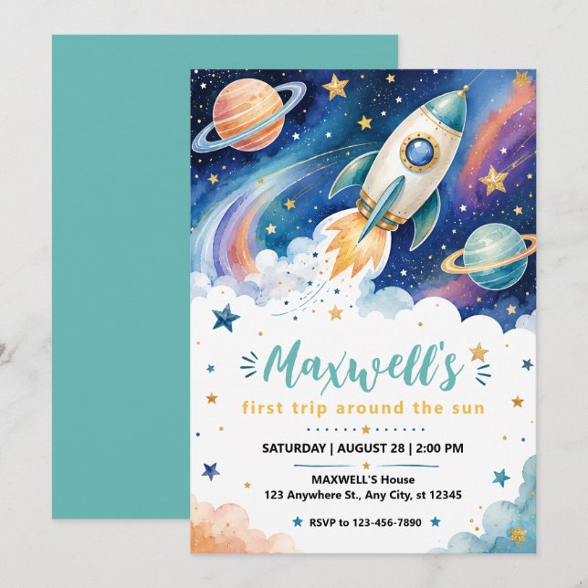 Outer Space First Birthday Invitation (Devant / Derrière)
