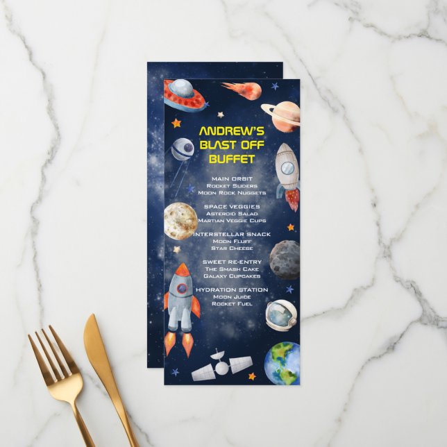 Outer Space First Birthday Menu (Devant/Arrière en situation)