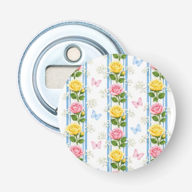 Ouvre-bouteille bouton bleu rose jaune floral (Devant)