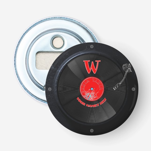 Ouvre-bouteille bouton de disque vinyle rétro pers (Devant)