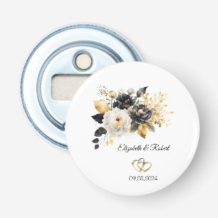 Ouvre-bouteille de mariage Fleurs Noir Blanc Or