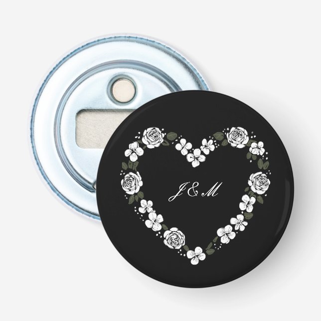 Ouvre-bouteille de mariage noir et blanc coeur (Devant)