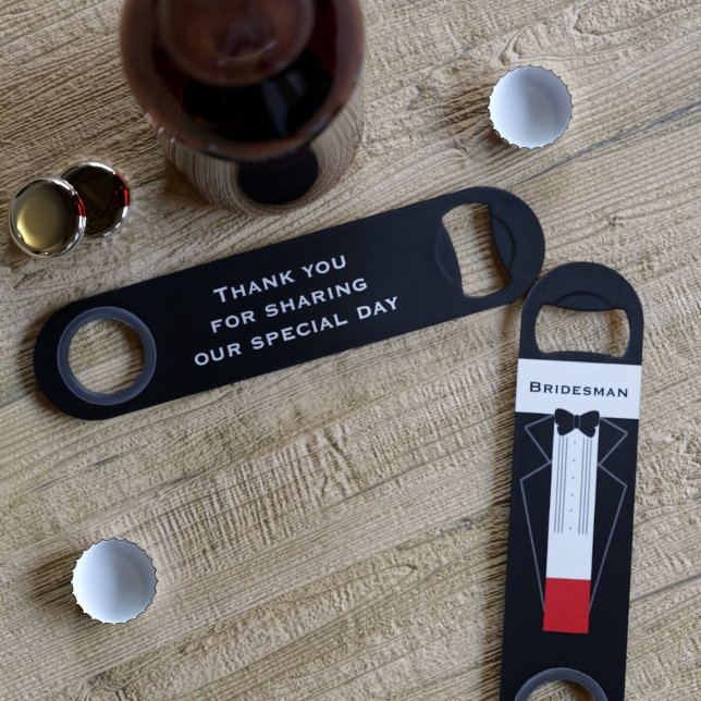 Ouvre-bouteille de mariage smoking de garçon d'hon (Thank You Bridesman Tuxedo Bar Key Bottle Opener with space for his name and short message)