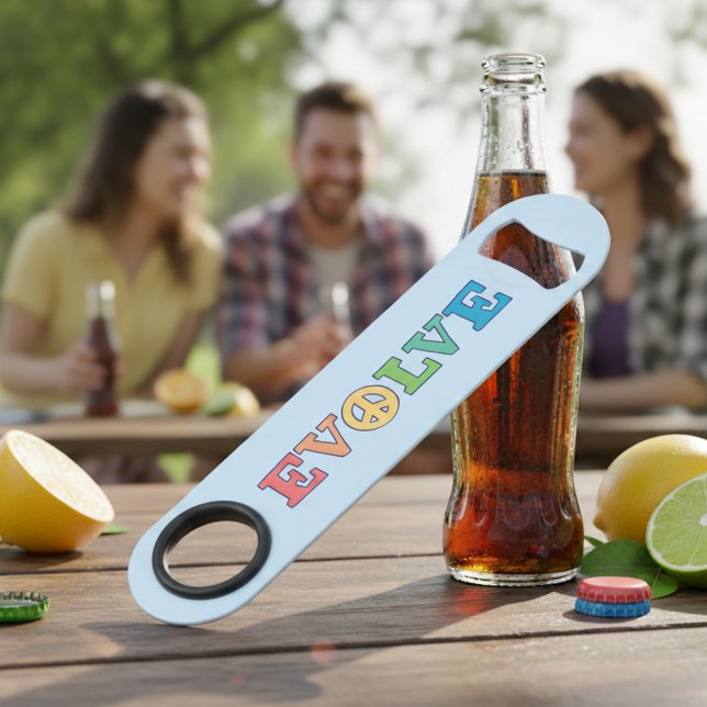Ouvre-bouteille signe de paix Évolution Coloré (Evolve peace sign bottle opener.)