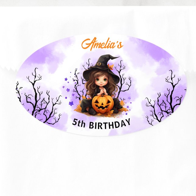Ovale Anniversaire d'Halloween Cute Little Witch Sticker (Halloween Birthday Cute Little Witch Oval Sticker)