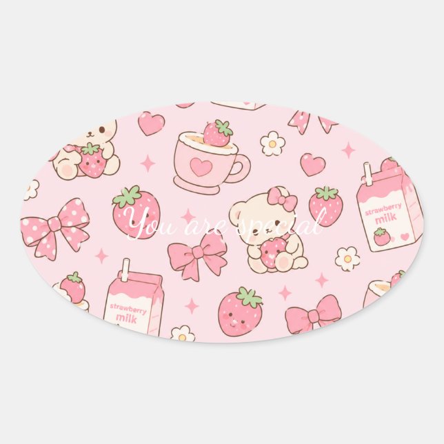 Ovale Cute Kawaii Teddy Bear Strawberry Pattern Sticker  (Devant)