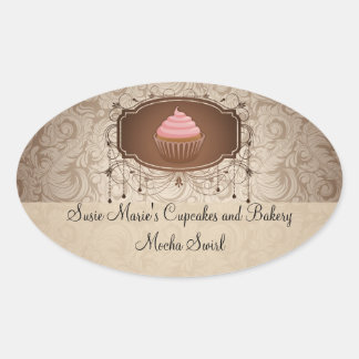 Ovale Élégant Glamor Mocha Damask Cupcake Sticker Étique