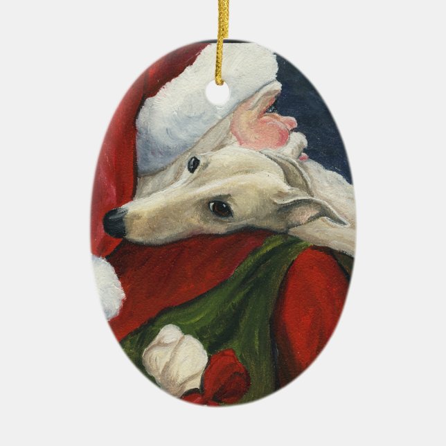 Ovale En Céramique Ornement d'art de lévrier et de chien de Père Noël (Devant)
