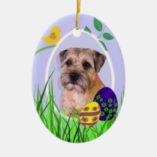 Ovale En Céramique Ornement de Terrier de frontière Pâques