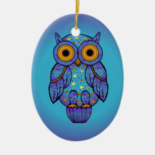 Ovale En Céramique Ornement d'ovale de lune bleue de hibou de H00t