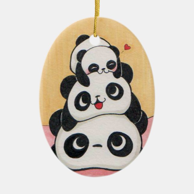 Ovale En Céramique Ornement heureux de famille de panda (Devant)