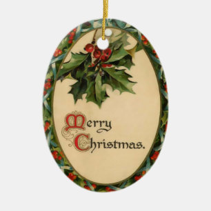 Ovale En Céramique Ornement vintage de Noël de houx