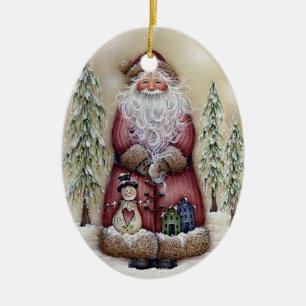 Ovale En Céramique Ornement vintage de Père Noël de forêt de Vieux