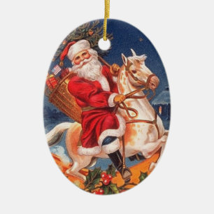 Ovale En Céramique Père Noël vintage sur un ornement de cheval de