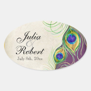 Ovale Favoriser Sticker Cadeau - Peacock Feathers Mariag