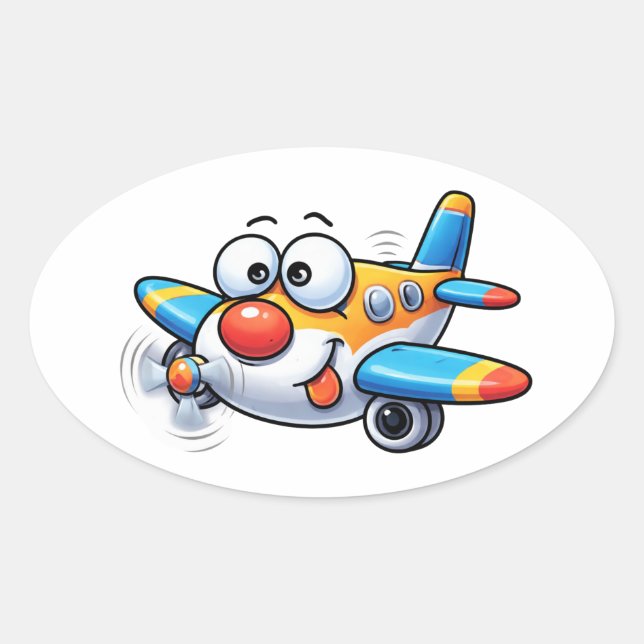 Ovale Funny Cartoon Airplane Character Sticker (Devant)