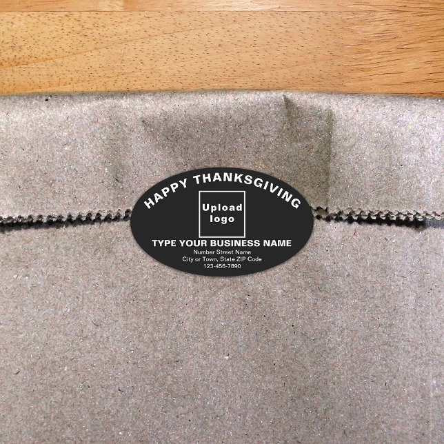Ovale Sticker Black Oval de Thanksgiving (Thanksgiving greeting with your business brand on black oval shape sticker.)