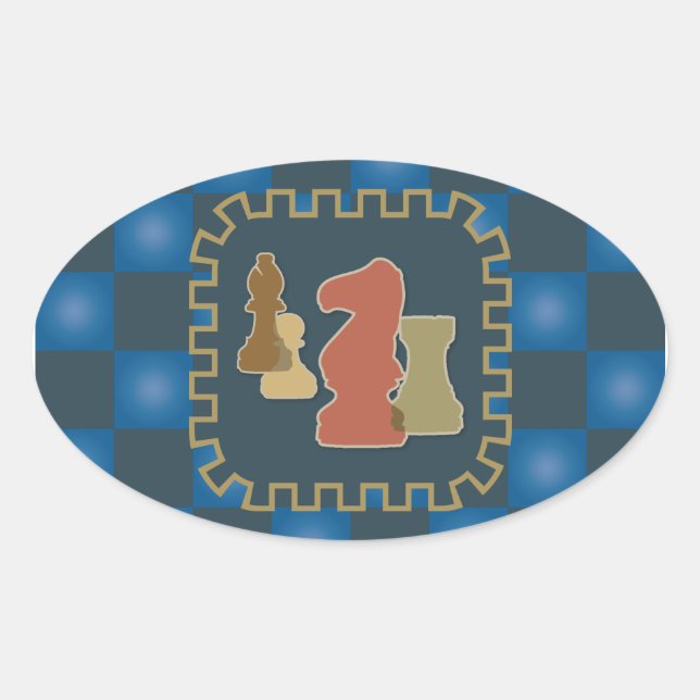 Ovale Sticker bleu pièces d'échecs (Devant)