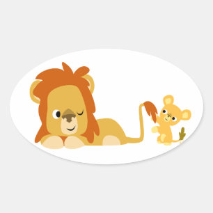 Ovale Sticker de Lion caricature mignonne papa et Cub