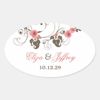 Ovale Sticker de mariage rose Roses Fleur Floral Élégant