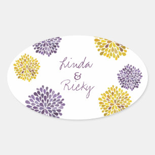 Ovale Sticker Mariage à fleurs violettes et jaunes