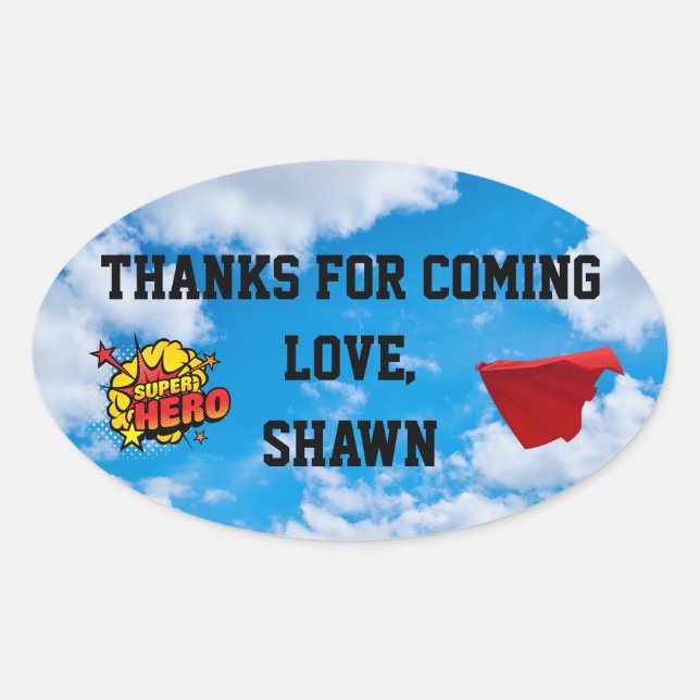 Ovale Sticker Merci Superhero Party (Devant)