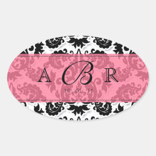 Ovale Sticker noir, blanc n Lime Fleur de Lis Damask