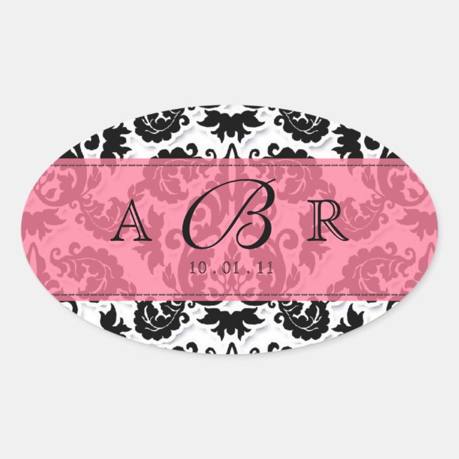 Ovale Sticker noir, blanc n Lime Fleur de Lis Damask (Devant)