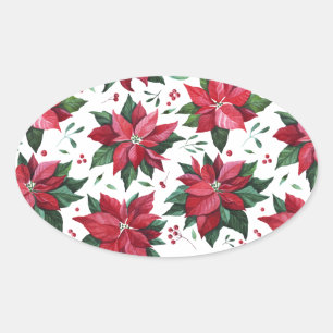 Ovale Sticker Poinsettia et Berries rouges