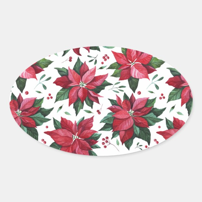 Ovale Sticker Poinsettia et Berries rouges (Devant)