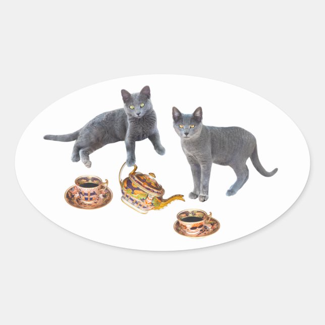 Ovale Sticker Tea Party pour chats gris (Devant)
