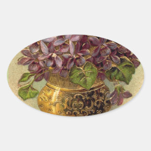 Ovale Sticker Vase Golden Violets vintage