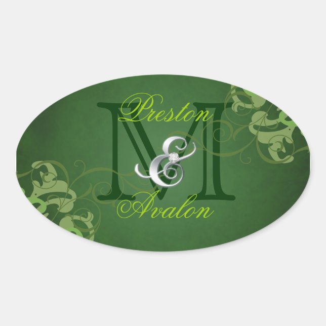 Ovale Sticker vert monogramme Noble Lime Scroll (Devant)