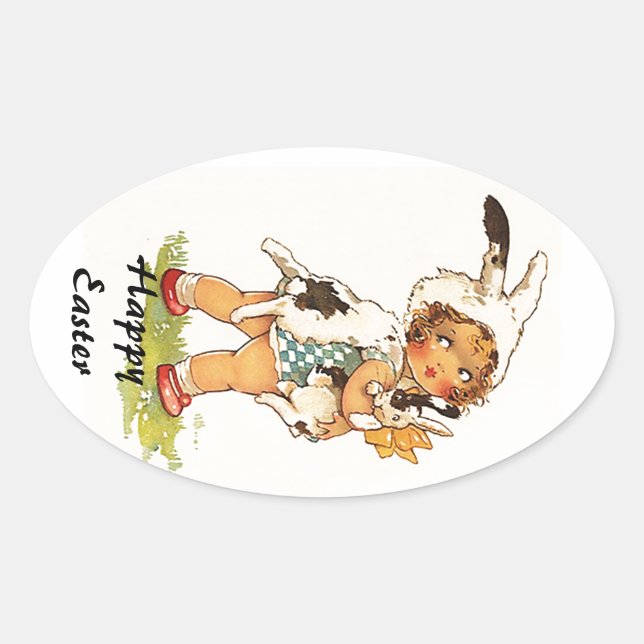 Ovale Sticker Vintage Antique Cute Bunny de Pâques (Devant)