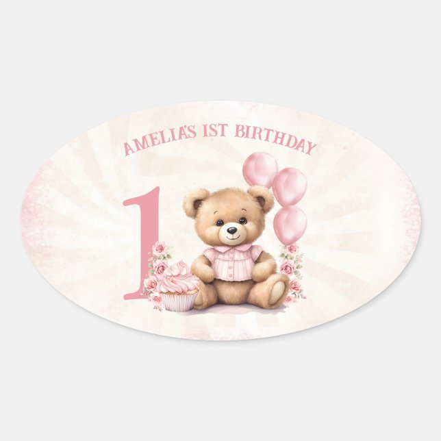 Ovale Teddy Bear Girl 1er Anniversaire Pink Oval Sticker (Devant)