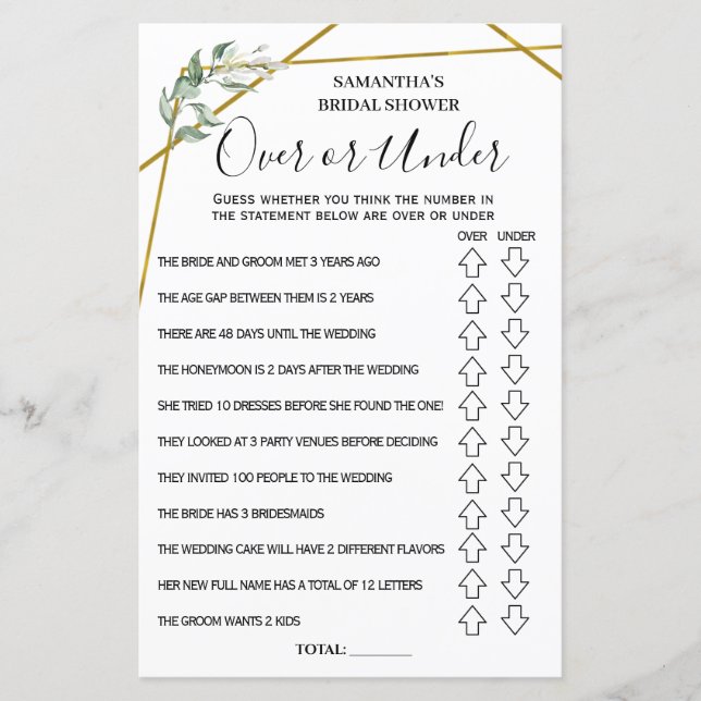 Over or Under nuptiale douche anglais jeu espagnol (Devant)