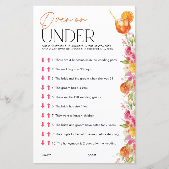 Over or Under Spritz Bridal Shower Games (Devant)