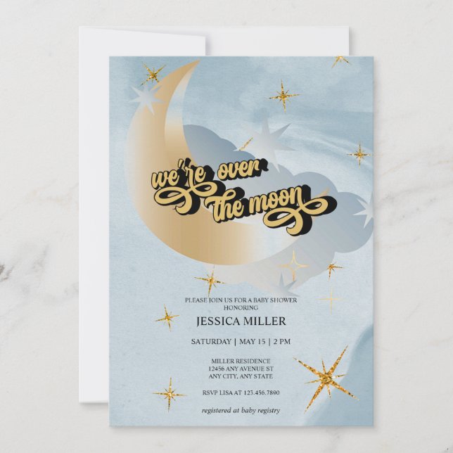 Over the Moon | Invitation de Baby Shower Stellair (Devant)