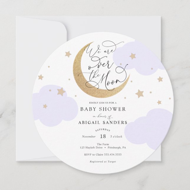Over the Moon Purple Baby Shower Invitation (Devant)
