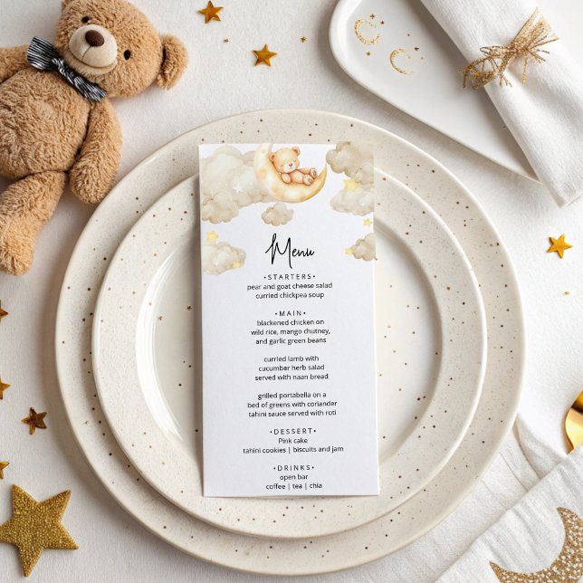 Over The Moon Teddy Bear Baby Shower Menu Card (Créateur téléchargé)